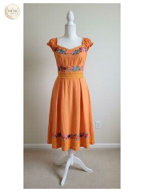 Embroidered Mexican Style Peasant Dress Cotton Floral A-Line Summer Casual